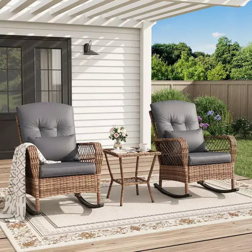 3-Piece High-Back Wicker Patio Rocking Chair Set with Side Table, All-Weather Rattan Outdoor Chairs with Washable Cushions, 330 lb Capacity