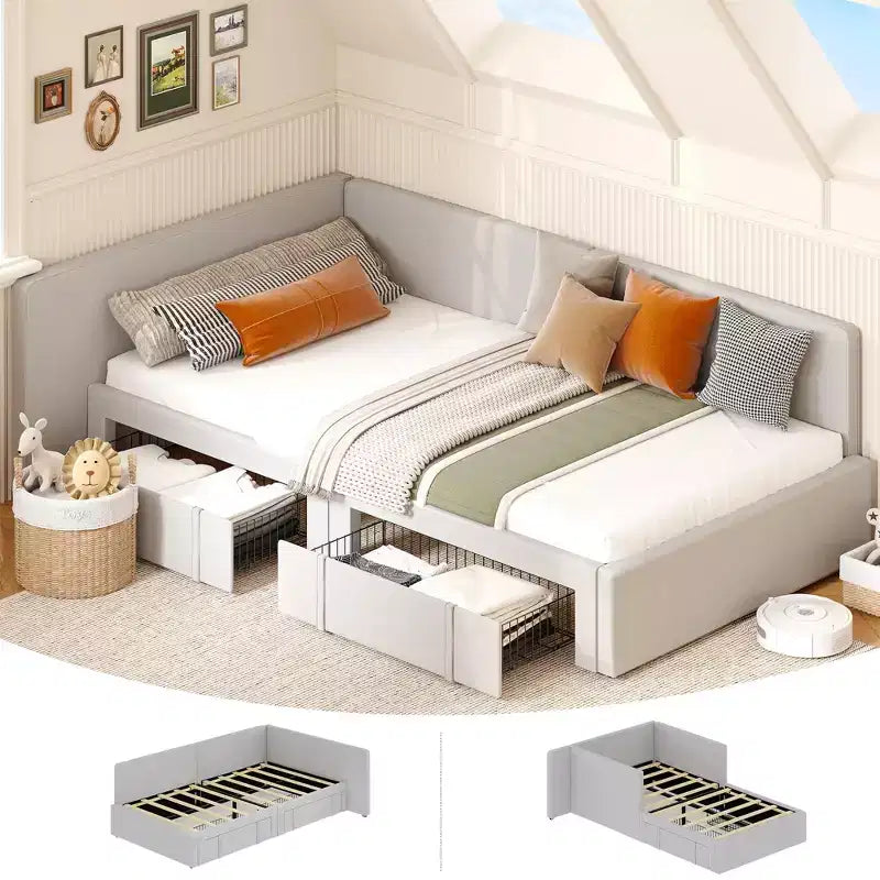 Lit de repos double avec 2 tiroirs de rangement, cadre de lit d'angle avec tête de lit et barrières de lit étendues, pour bureau à domicile