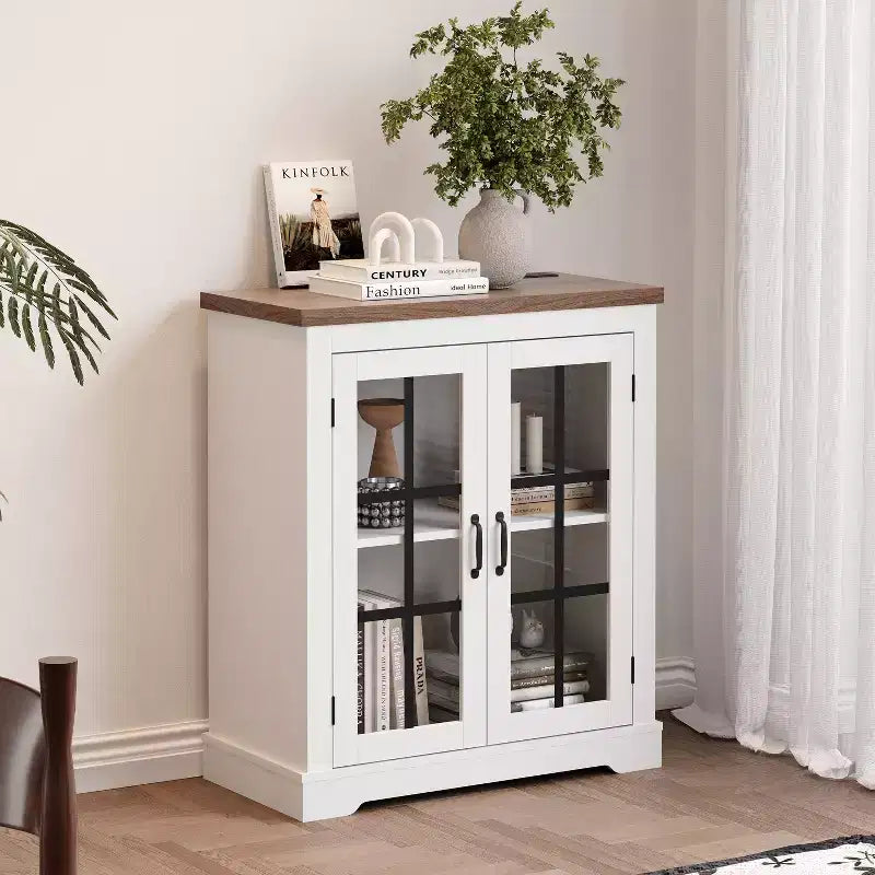 Buffet Bahut Contemporain avec Portes Vitrées et Prise Électrique, Armoire de Rangement pour Cuisine, Bar à Café et Salon, Petite ou Grande Taille