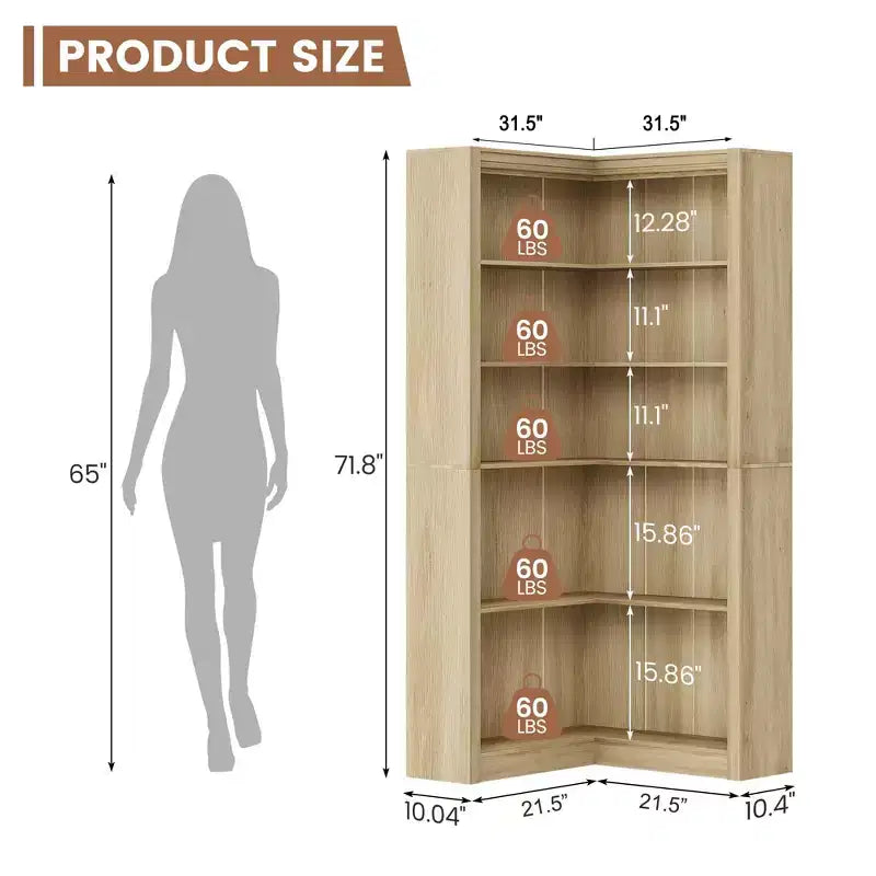 Étagère d'angle en forme de L robuste de 182 cm de haut pour bureau, bibliothèque de rangement ouverte à 5 niveaux, grande étagère de présentation en bois, pour salon ou chambre à coucher