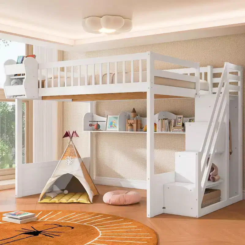 Lit mezzanine Queen Size en bois avec escalier et armoire, lit superposé haut avec espace sous le lit et étagères de rangement ouvertes pratiques pour enfants et adolescents