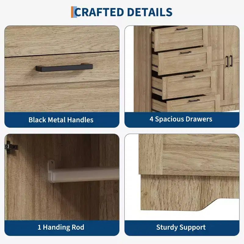 Armoire-penderie de 110 cm de haut avec 4 tiroirs et 2 portes, tringle à vêtements, commode en bois avec rangement