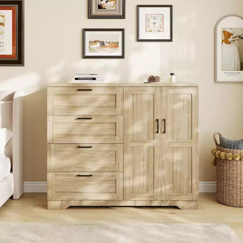 Armoire-penderie de 110 cm de haut avec 4 tiroirs et 2 portes, tringle à vêtements, commode en bois avec rangement