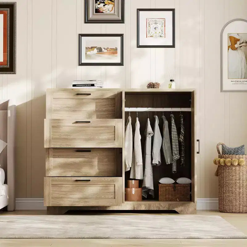 Armoire-penderie de 110 cm de haut avec 4 tiroirs et 2 portes, tringle à vêtements, commode en bois avec rangement