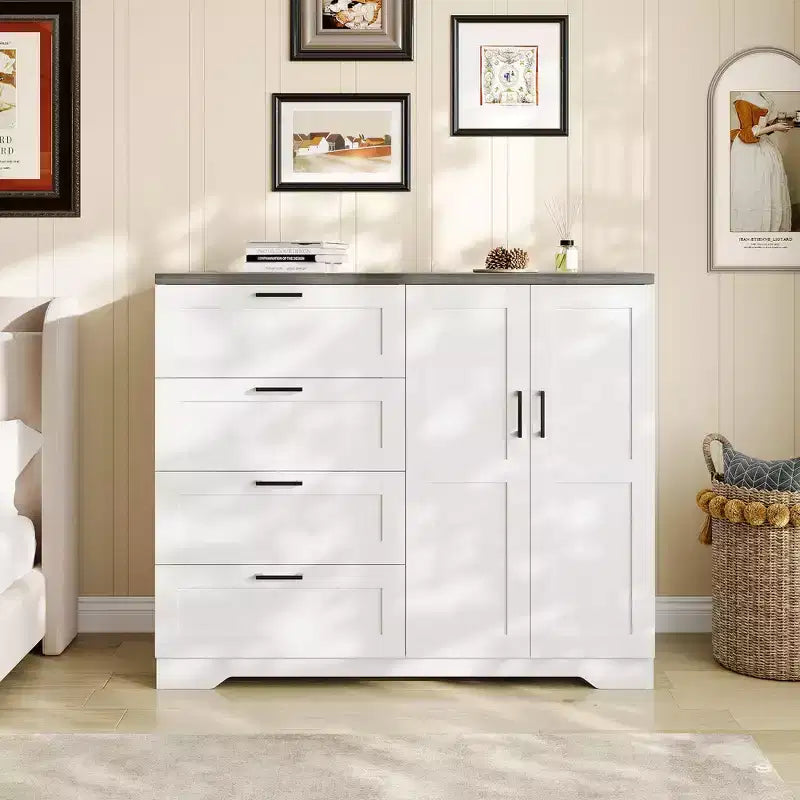Armoire-penderie de 110 cm de haut avec 4 tiroirs et 2 portes, tringle à vêtements, commode en bois avec rangement
