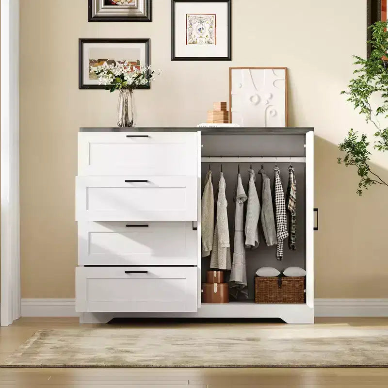 Armoire-penderie de 110 cm de haut avec 4 tiroirs et 2 portes, tringle à vêtements, commode en bois avec rangement