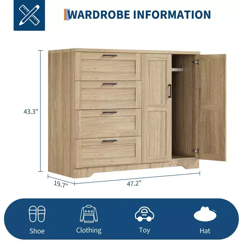 Armoire-penderie de 110 cm de haut avec 4 tiroirs et 2 portes, tringle à vêtements, commode en bois avec rangement
