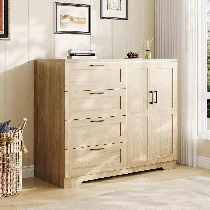 Armoire-penderie de 110 cm de haut avec 4 tiroirs et 2 portes, tringle à vêtements, commode en bois avec rangement