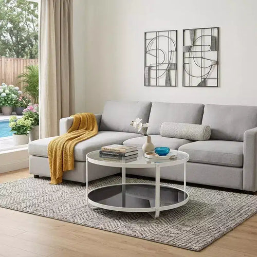 Table basse ronde à deux niveaux en verre blanc et métal de 32 po