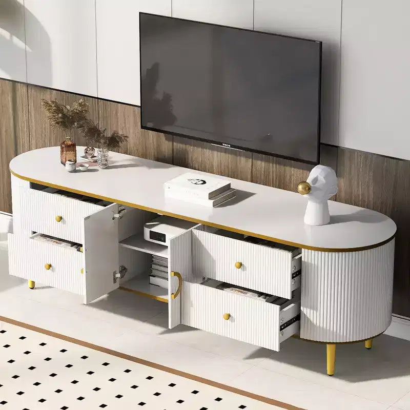 JVNOXK Meuble TV moderne en bois pour téléviseurs jusqu'à 80 pouces, centre de divertissement avec 4 tiroirs et 1 placard, pieds en métal et accents dorés pour salon