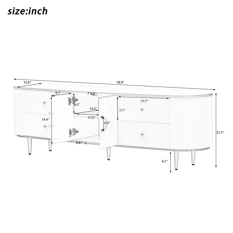 JVNOXK Meuble TV moderne en bois pour téléviseurs jusqu'à 80 pouces, centre de divertissement avec 4 tiroirs et 1 placard, pieds en métal et accents dorés pour salon