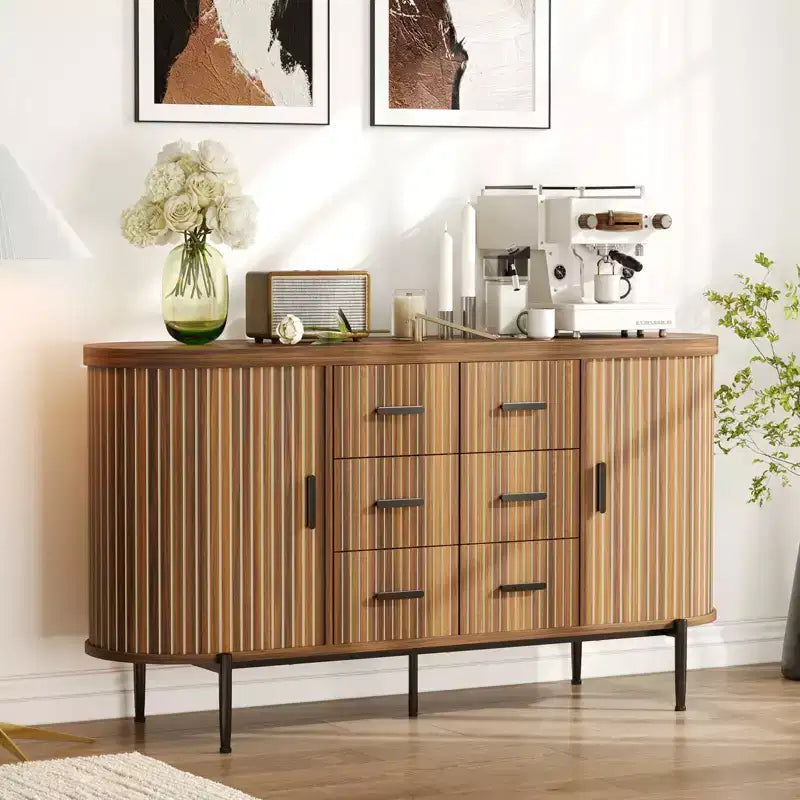 Buffet bahut moderne cannelé de 59 po avec plateau en faux marbre, meuble pour tourne-disque à 2 portes et 6 tiroirs et console de bar à café