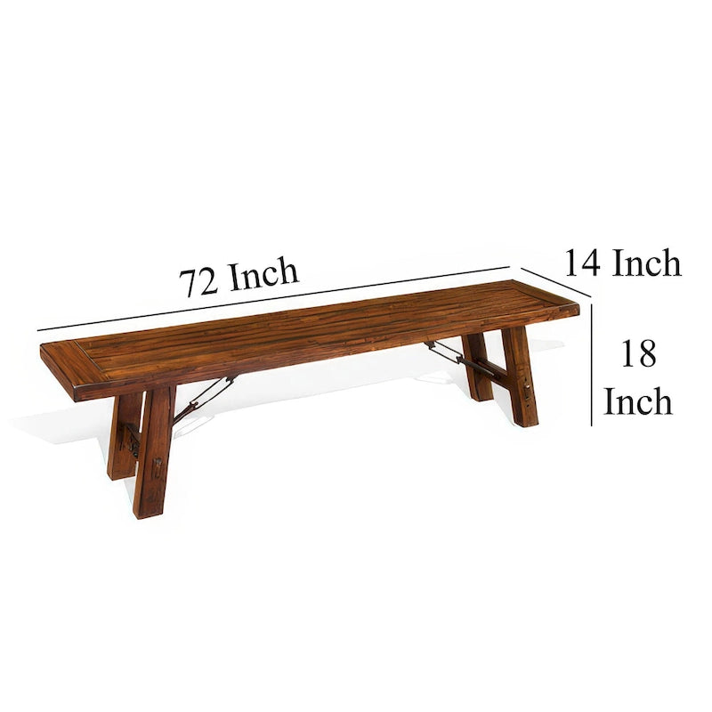 Banc de salle à manger de 72 pouces avec bois brun vieilli et accents métalliques à tendeur