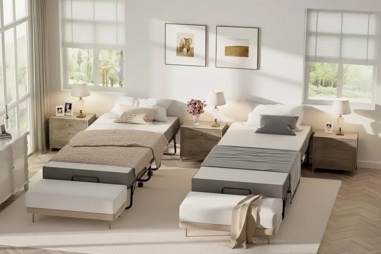 Lit d'appoint pliant avec matelas en mousse à mémoire de forme et roulettes