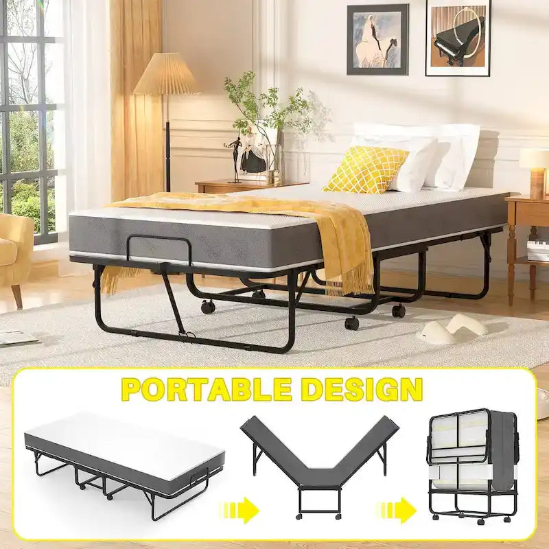 Lit d'appoint pliant avec matelas en mousse à mémoire de forme et roulettes