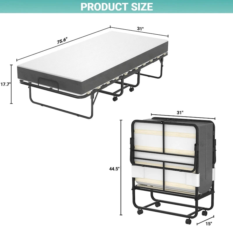 Lit d'appoint pliant avec matelas en mousse à mémoire de forme et roulettes