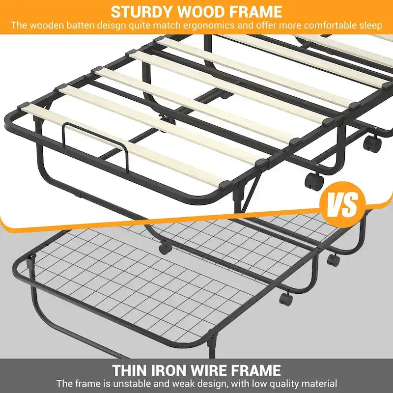 Lit d'appoint pliant avec matelas en mousse à mémoire de forme et roulettes
