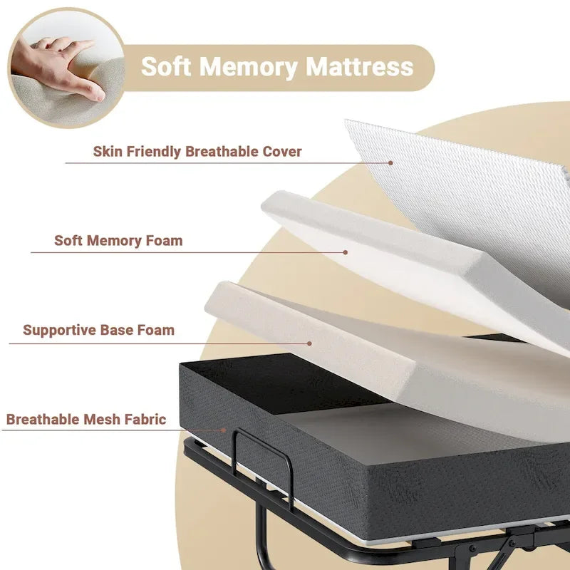 Lit d'appoint pliant avec matelas en mousse à mémoire de forme et roulettes