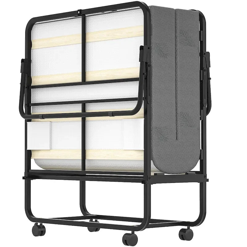 Lit d'appoint pliant avec matelas en mousse à mémoire de forme et roulettes