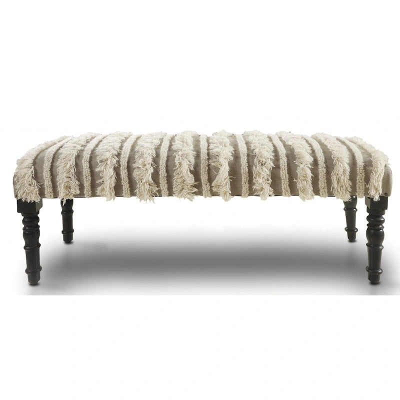 Banc de chambre en coton rembourré avec pieds en bois massif, rayé, garniture cloutée — 47"L x 16"P x 18"H