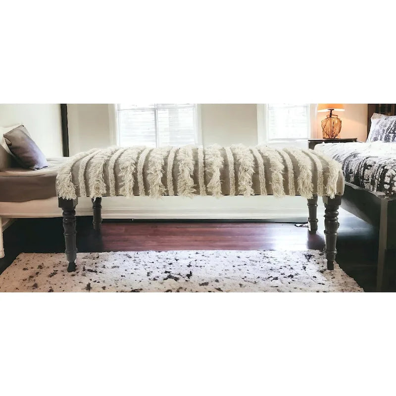 Banc de chambre en coton rembourré avec pieds en bois massif, rayé, garniture cloutée — 47"L x 16"P x 18"H