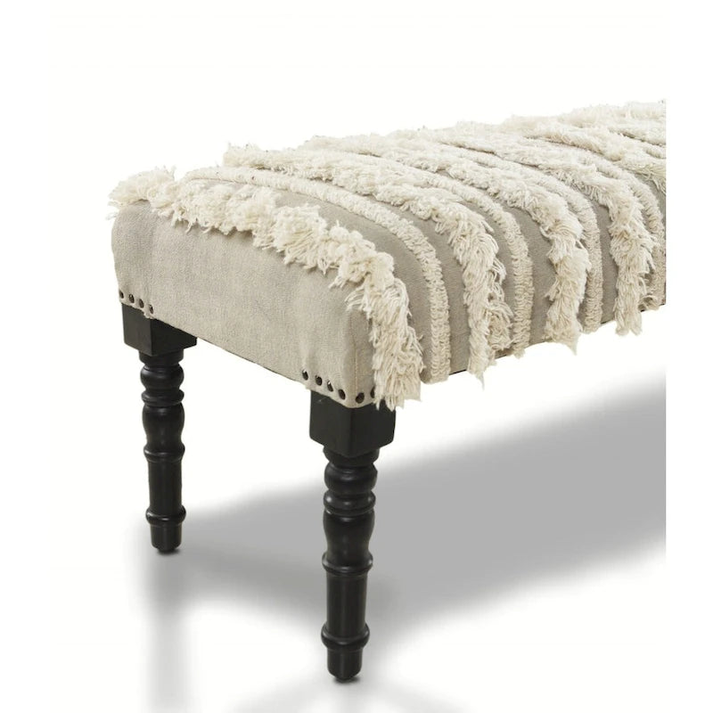 Banc de chambre en coton rembourré avec pieds en bois massif, rayé, garniture cloutée — 47"L x 16"P x 18"H