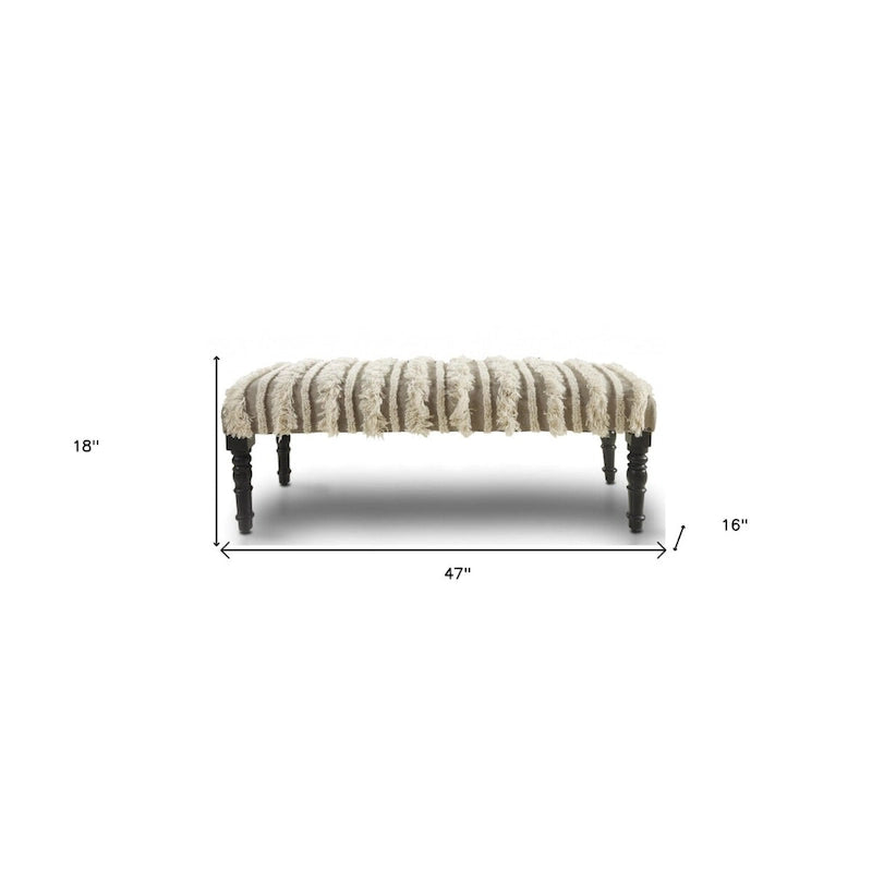 Banc de chambre en coton rembourré avec pieds en bois massif, rayé, garniture cloutée — 47"L x 16"P x 18"H