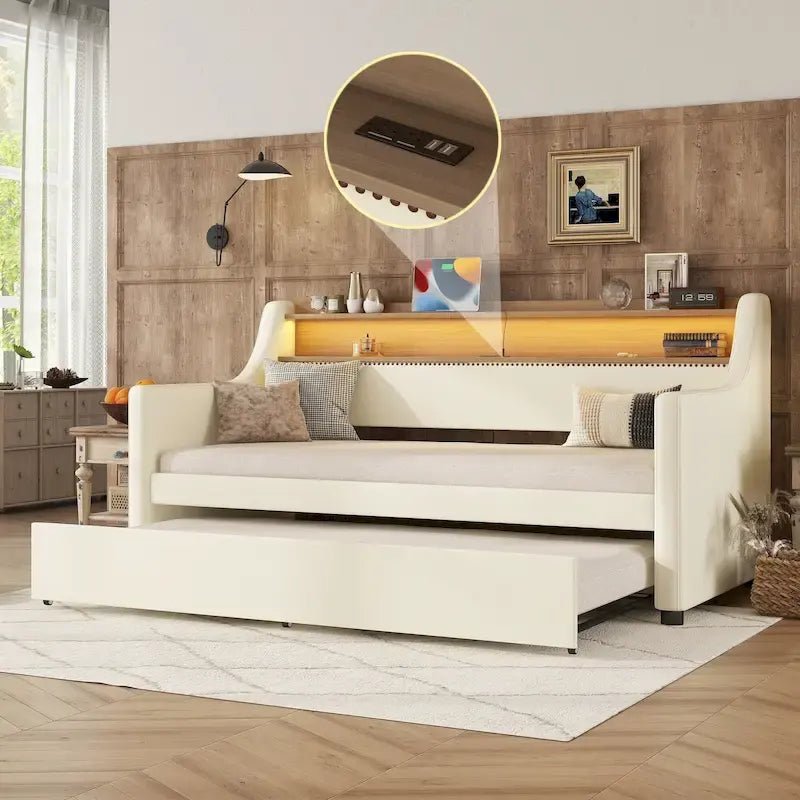 Lit de repos capitonné taille double avec lit gigogne et lumières LED