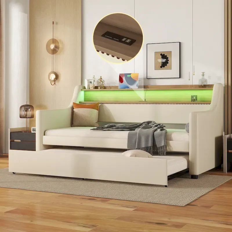 Lit de repos capitonné taille double avec lit gigogne et lumières LED