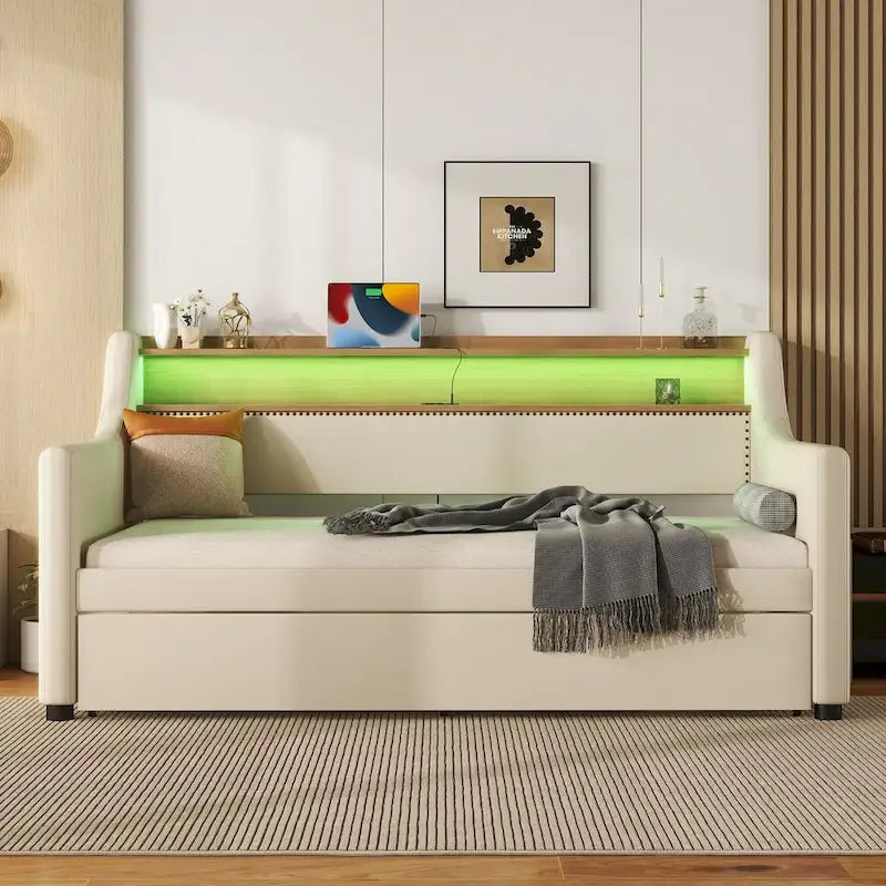 Lit de repos capitonné taille double avec lit gigogne et lumières LED