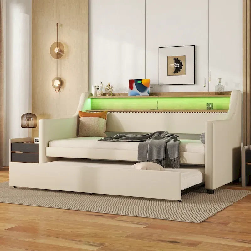 Lit de repos capitonné taille double avec lit gigogne et lumières LED