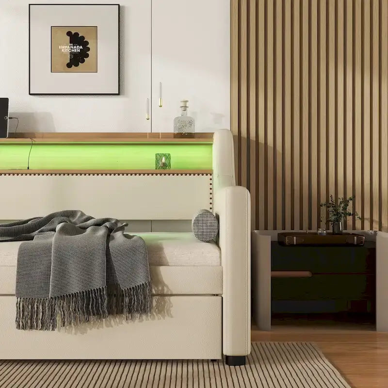 Lit de repos capitonné taille double avec lit gigogne et lumières LED