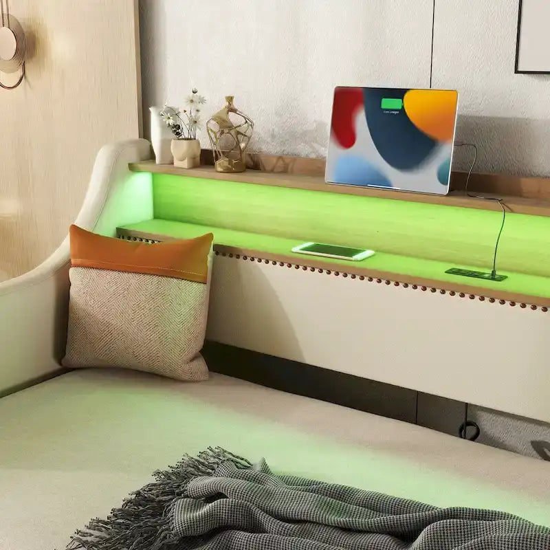 Lit de repos capitonné taille double avec lit gigogne et lumières LED