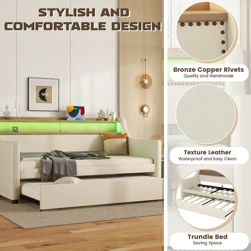 Lit de repos capitonné taille double avec lit gigogne et lumières LED