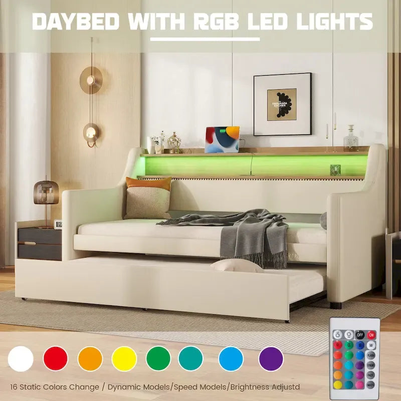 Lit de repos capitonné taille double avec lit gigogne et lumières LED