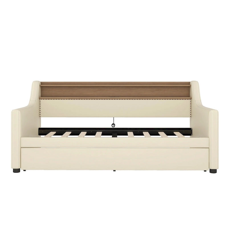 Lit de repos capitonné taille double avec lit gigogne et lumières LED