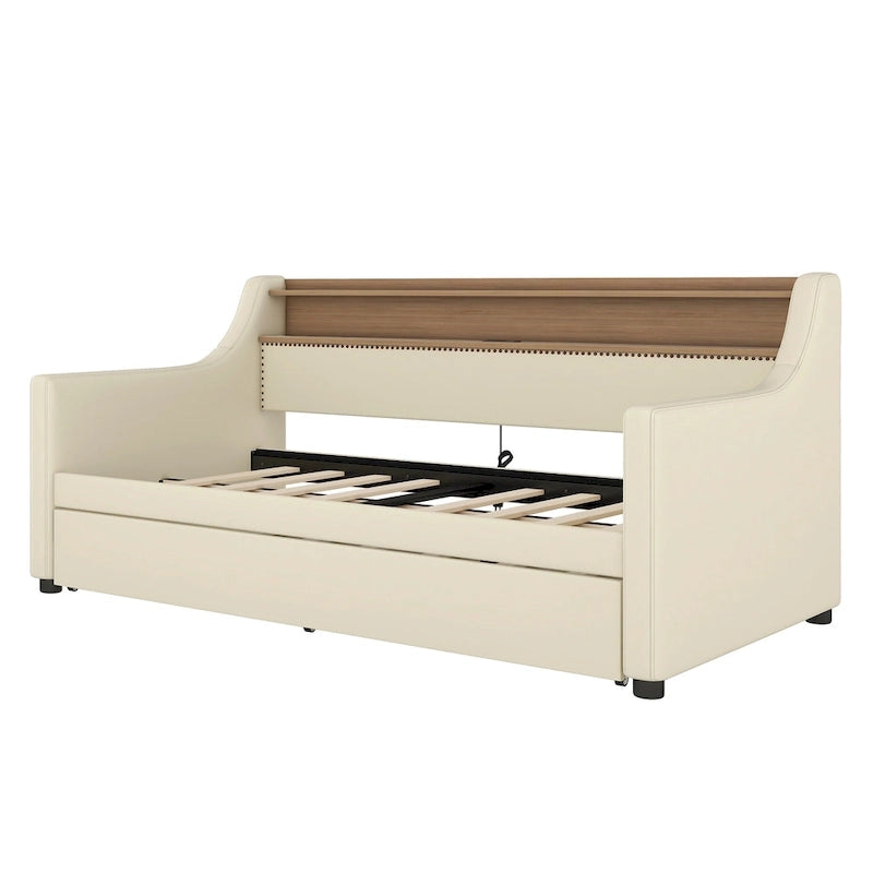 Lit de repos capitonné taille double avec lit gigogne et lumières LED