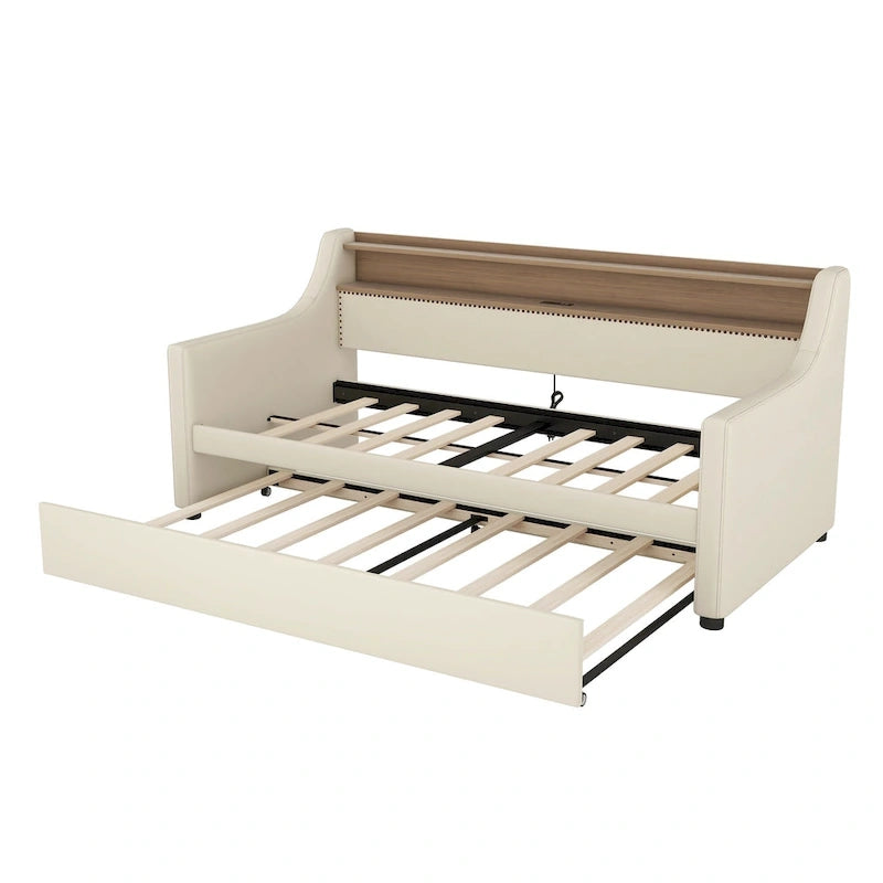 Lit de repos capitonné taille double avec lit gigogne et lumières LED