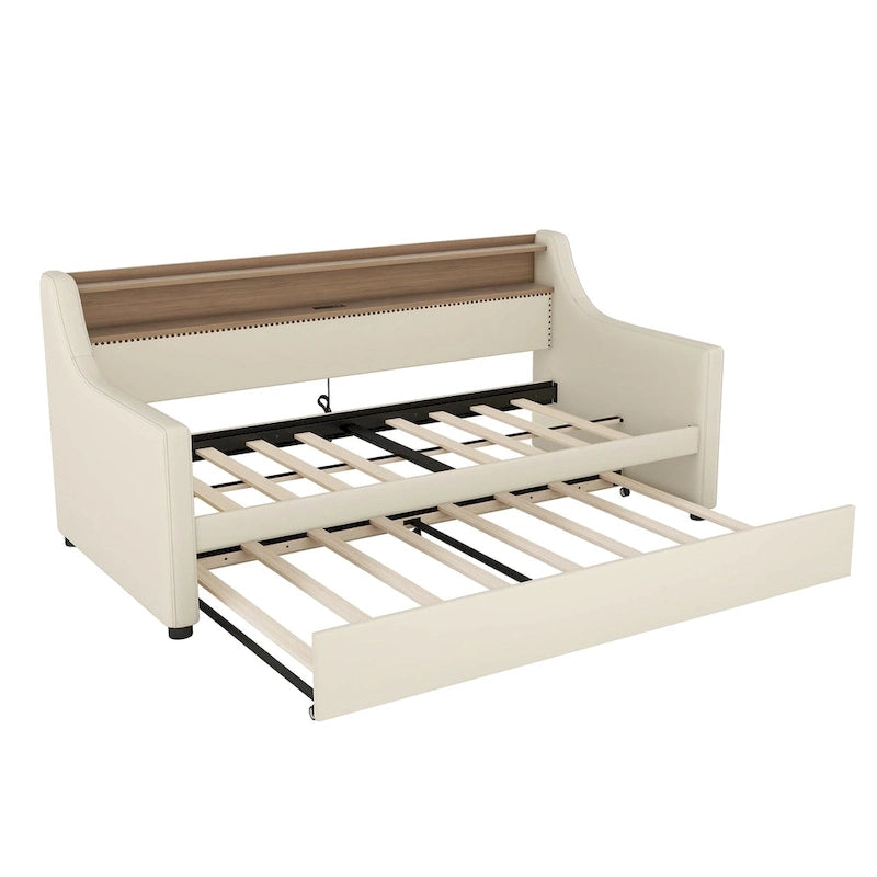 Lit de repos capitonné taille double avec lit gigogne et lumières LED