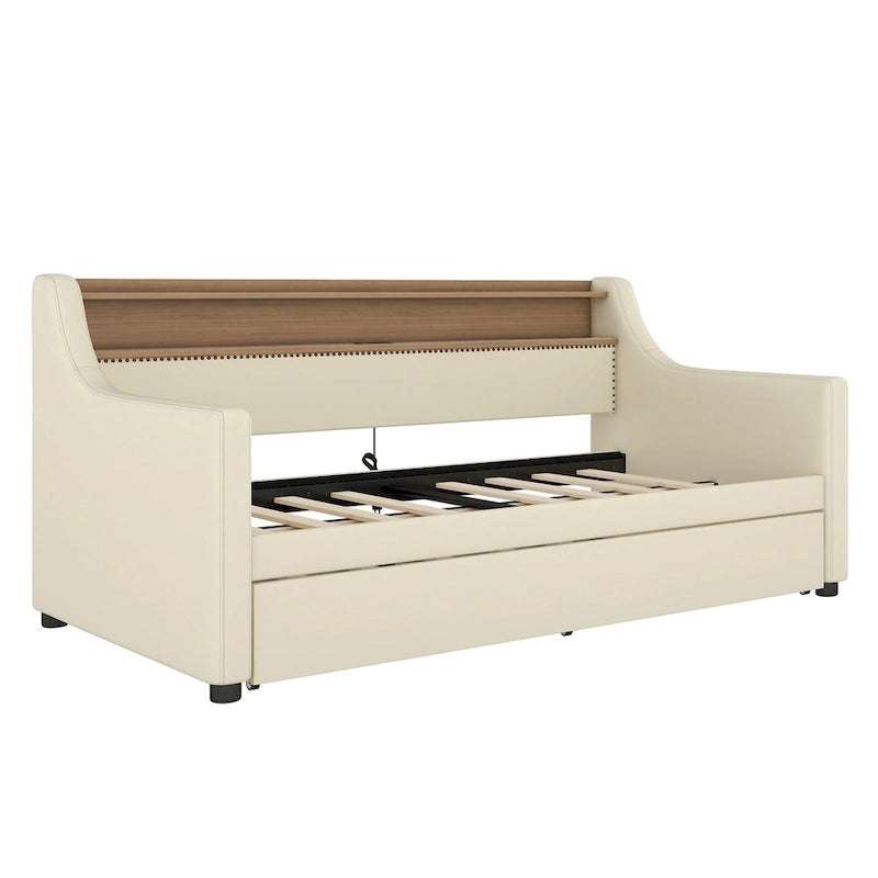 Lit de repos capitonné taille double avec lit gigogne et lumières LED