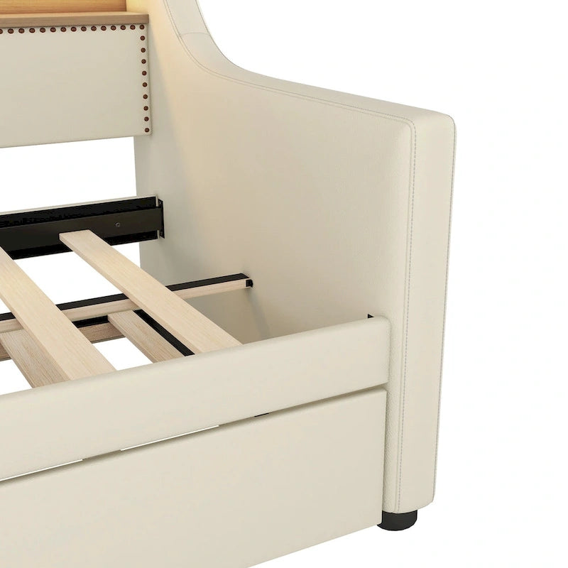 Lit de repos capitonné taille double avec lit gigogne et lumières LED