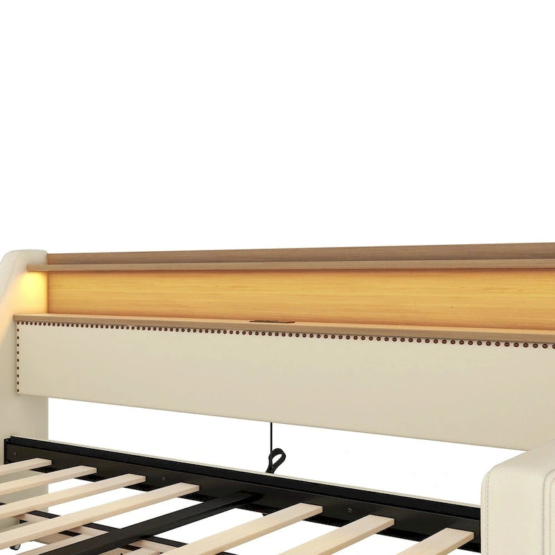 Lit de repos capitonné taille double avec lit gigogne et lumières LED