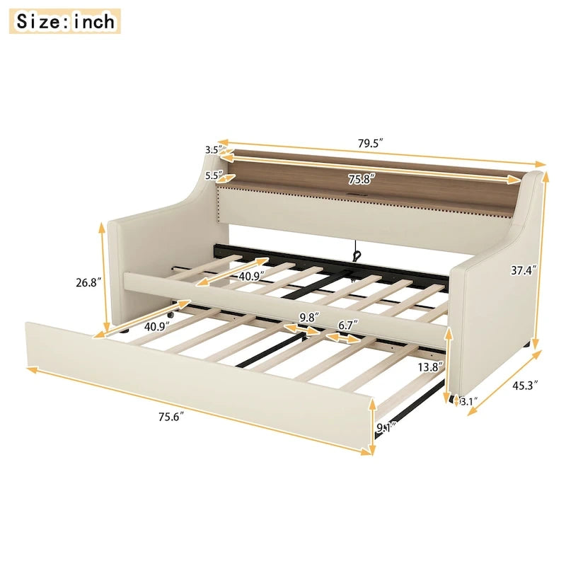 Lit de repos capitonné taille double avec lit gigogne et lumières LED