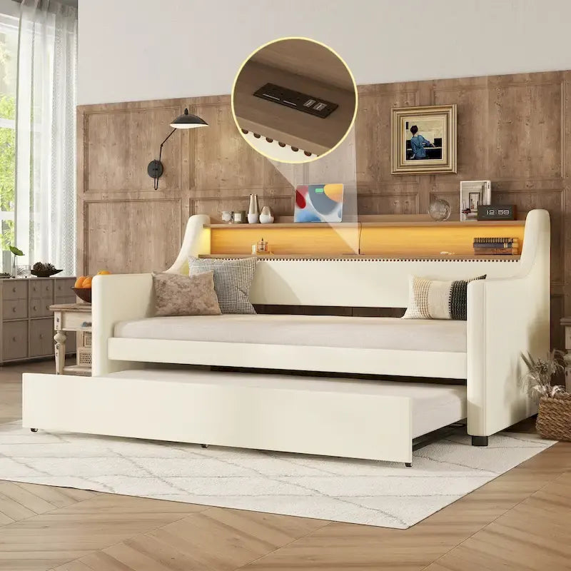 Lit de repos capitonné taille double avec lit gigogne et lumières LED