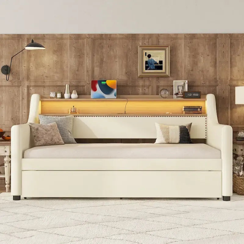 Lit de repos capitonné taille double avec lit gigogne et lumières LED