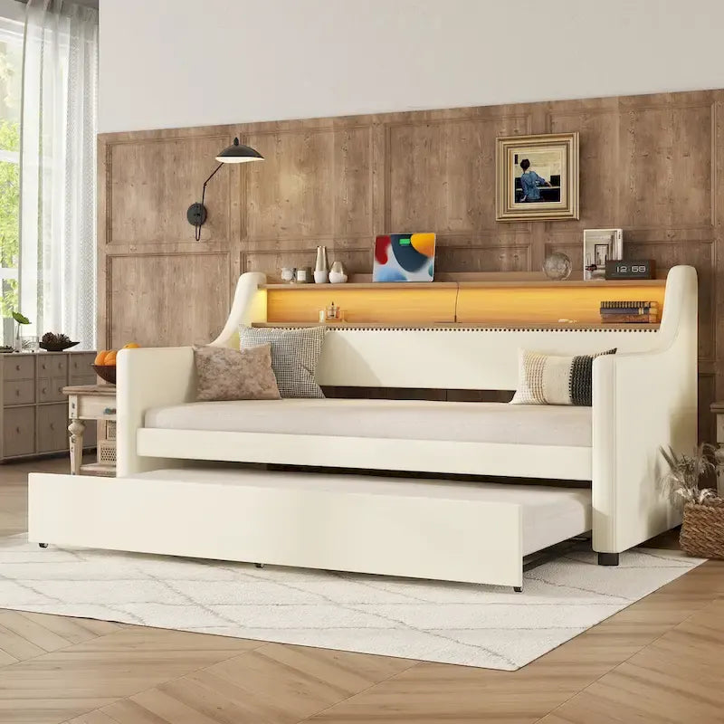 Lit de repos capitonné taille double avec lit gigogne et lumières LED