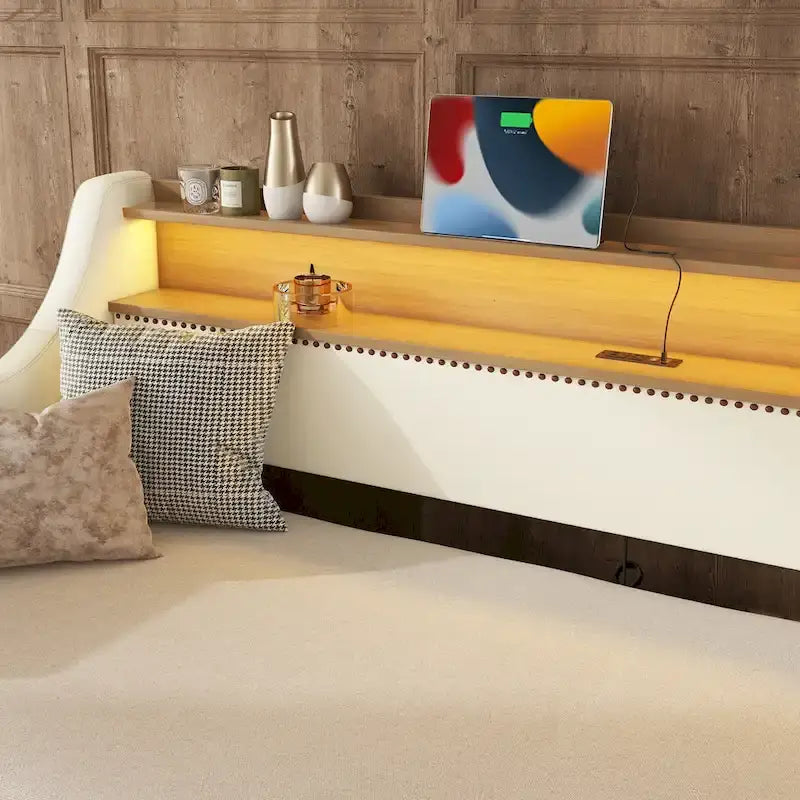 Lit de repos capitonné taille double avec lit gigogne et lumières LED
