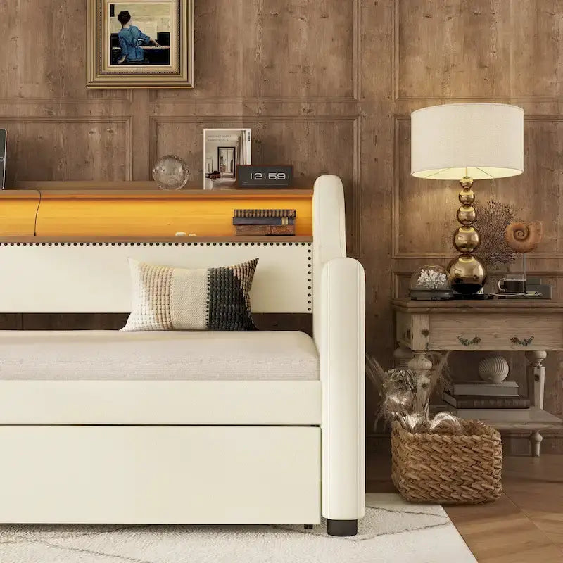 Lit de repos capitonné taille double avec lit gigogne et lumières LED