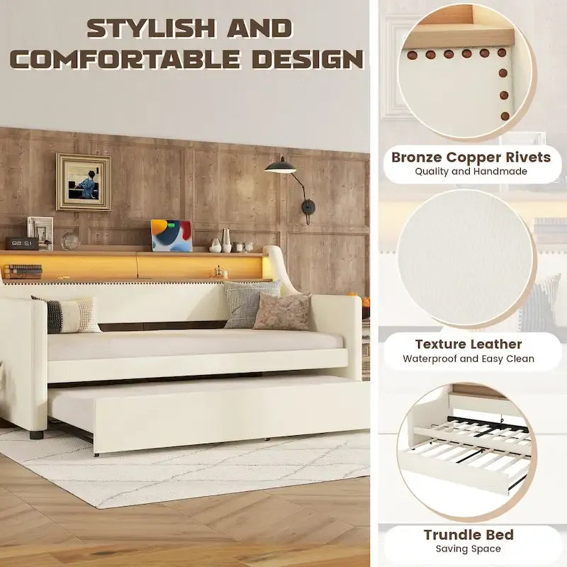 Lit de repos capitonné taille double avec lit gigogne et lumières LED