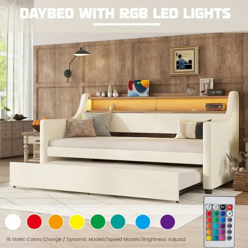 Lit de repos capitonné taille double avec lit gigogne et lumières LED